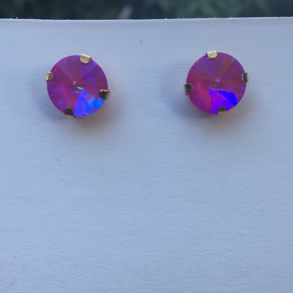Fuchsia Hot Pink Aurora Borealis + Gold Rivoli Crystal Earrings - Picture 10 of 13